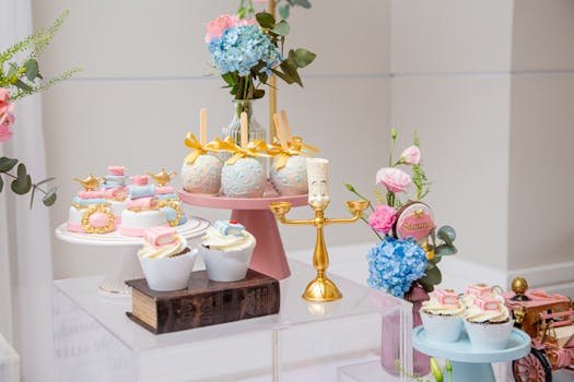 pexels-photo-29570314-29570314 A beautifully arranged dessert table featuring cupcakes, floral decorations, and golden candle holders.